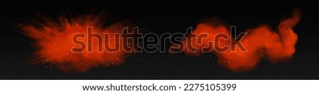 Red spice powder, paprika and ground chilli pepper explosion. Splashes of seasoning, red dust or paint isolated on transparent background, vector realistic illustration