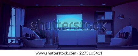 Cartoon living room with tv set at night. Vector illustration of dark apartment with television screen on wall, couch, armchairs, table, shelf with flower pots and frames pictures, large window