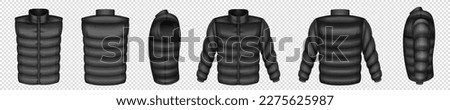 Realistic set of puffer jacket and vest mockups isolated on transparent background. Vector illustration of black waistcoat, sleeveless outwear front, back, side view. Warm winter, demi season clothes