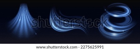 Cold air effect, winter wind swirls and wave. Blue streams of fresh breeze flows isolated on transparent background. Whirlwind, vortex light effect, vector realistic illustration