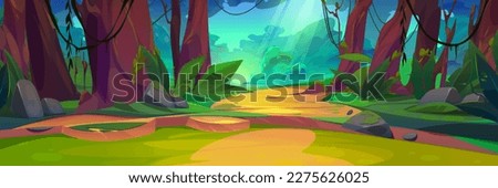 Summer jungle forest landscape with magic sunlight beam. Mysterious wild vector illustration with sun light ray, liana on trees and glade. Tropical meadow with rock on ground and green plants