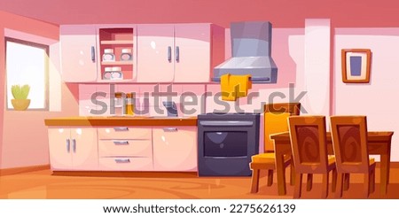 Kitchen interior with dining table, oven, hood, counter and shelves. Home room with furniture for cooking and dining, jars, wooden chairs and window, vector cartoon illustration