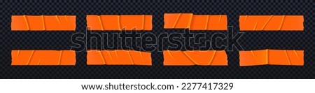 Realistic orange paper duct tape vector strip set. 3d ripped adhesive sticker texture collection on transparent background. Torn corner glued scotch stick with wrinkle. Packaging clear label clipart.