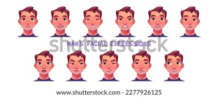 Man character face with sad, happy and angry facial expression. Male avatar with different emotions, smile, upset, surprise, anger, laugh and wink, vector cartoon set