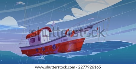 Motorboat floating on stormy ocean waves. Vector cartoon illustration of small yacht sailing in sea during storm in heavy rainfall and hurricane wind under dark sky with gray clouds. Dangerous voyage