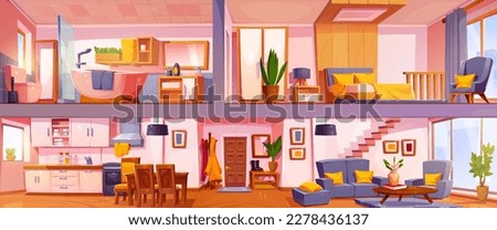 Cross section plan of cartoon house interior design. Vector illustration of cozy two floor apartment with hallway, living room, kitchen, bedroom and bathroom with furniture, equipment and home decor