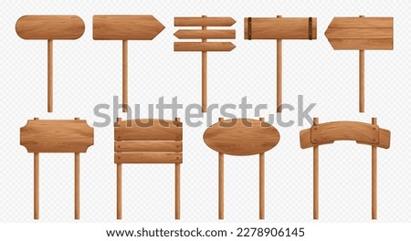 Realistic set of wooden sign posts isolated on transparent background. Vector illustration of blank square, round, rectangular signboards with arrows pointing direction or name. Game ui design element