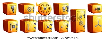 Cartoon set of yellow safe boxes isolated on white background. Vector illustration of big and small square and round vaults with closed door, digital code and metal handle. Locker for money storage