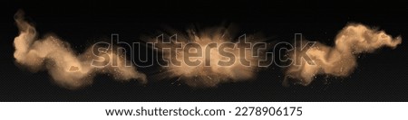 Sand explosion with dirt and cloud smoke vector. Isolated storm effect in desert on transparent background. Brown sandstorm splash with wind texture. Dirty ground abstract spread with flying particles