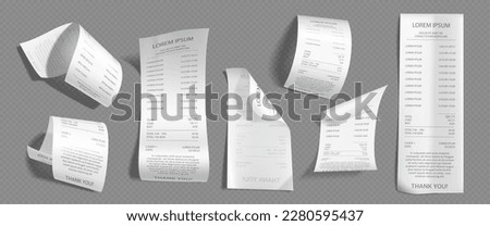Paper bill receipt from supermarket. Isolated vector shop check after payment in restaurant. Realistic ticket or voucher mockup. Bank atm print cheque set financial illsutartion. Checkout in cafe.
