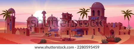Ancient arab city in desert at sunset. Vector cartoon illustration of sandy town with traditional yellow houses, market trade, antique palace, Muslim mosque building and palms. Travel game background