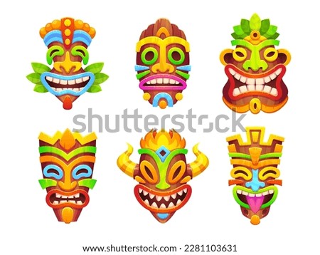 Tiki mask african totem tribal cartoon icon vector set. Hawaiian wood statue on white background. Isolated mexican warrior symbol collection for tropical summer party or ritual. Maya face illustration