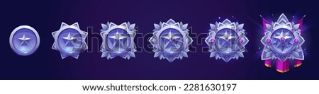 Set of military game progress badges isolated on background. Vector cartoon illustration of purple army medal decorated with star, gemstone, wings and silk royalpennant. Gui design element
