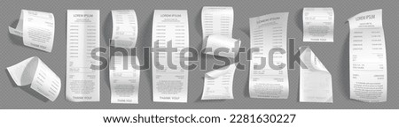 Paper receipts, cash checks of payments in shop or supermarket. Invoice bills of purchases, chique from pos terminal isolated on transparent background, vector realistic set Foto stock © 