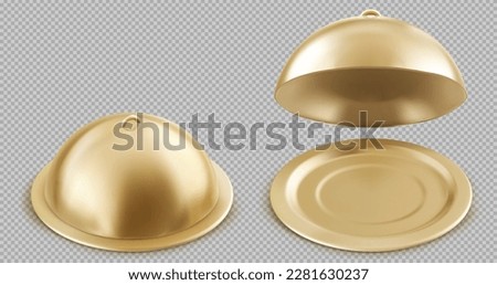 Realistic set of open and closed golden cloche food trays isolated on transparent background. Vector illustration of round 3D platter with bell lid. Restaurant equipment for elegant serving of dinner