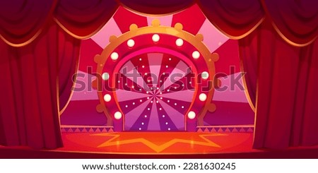 Cartoon circus stage vector background. Carnival arena with red vintage theater curtain. Cirque show scene festival illustration. Empty marquee podium. Festive theatre platform with curtain neon light