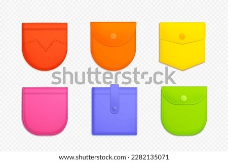 Icons of pockets and patches for shirts, jeans, pants, jackets and t-shirts. Fashion templates of textile pockets different shapes and colors with stitches and buttons, vector realistic set