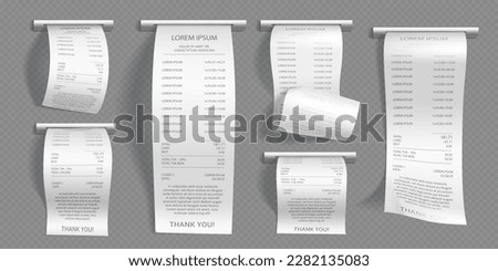 Realistic set of shop receipts isolated on transparent background. Vector illustration of cash paper bill, purchase invoice slipping out of atm slot. Supermarket shopping check with prices, total cost