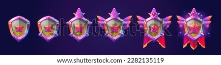 Set of military game progress badges isolated on background. Vector cartoon illustration of rainbow army shield decorated with star, gemstone, wings, silk pennant and royal crown. Gui design element