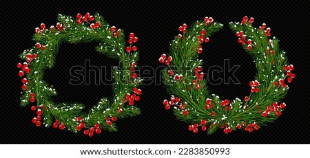 Realistic set of Christmas wreaths isolated on transparent background. Vector illustration of evergreen fir branch circle decorated with red berries and snow. Traditional holiday garland frame design