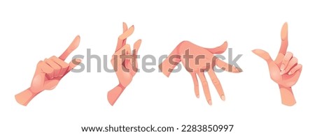 Cartoon woman hand gesture illustration set. Isolated human arm finger sign icon collection on white background. Female body language social signal to touch, show direction, press or attention.