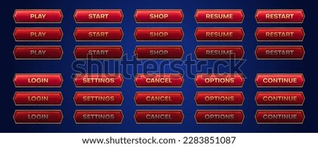Game buttons animation set. Vector cartoon illustration of red frames with stone texture. Play, start, shop, resume, restart, login, settings, cancel, option, continue click action. Sprite sheet
