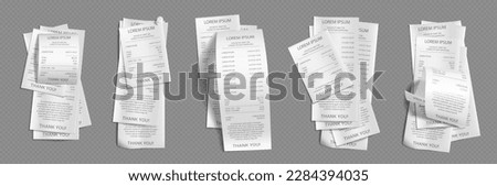 Pile of 3d vector payment bill. Isolated realistic paper pos receipt mockup. Cash check or invoice from supermarket. Print ticket set from retail shop on transparent background. Account atm balance