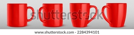 Realistic set of red mug mockups isolated on transparent background. Vector illustration of big ceramic cups with handles for drinking beverages, hot tea or coffee at home or in office. Place for