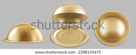 Realistic set of open and closed golden cloche food trays isolated on transparent background. Vector illustration of round 3D platter with bell lid. Restaurant equipment for elegant serving of dinner