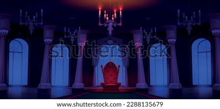 Night castle palace hall room with throne and spotlight cartoon background. Dark medieval ballroom game illustration with candles chandelier light and red king chair. Majestic costly decoration