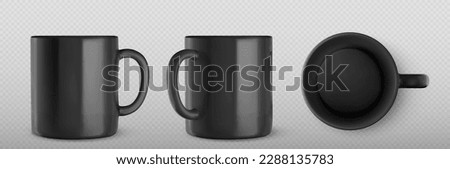 3d mockup of black mug for tea or coffee. Template of blank ceramic or porcelain cup. Empty black mug in front, side and top view, vector realistic set isolated on transparent background