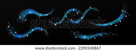 Blue wind air flow magic light wave vector effect. 3d breeze trail with yellow star spark stream isolated curve. Abstract graphic frosty shine wizard glitter dust powder with fragrance swoosh line.