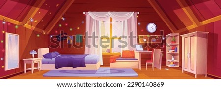 Attic girl bedroom interior with desk cartoon background. Teenage student room with bed and mirror. Girly modern student workspace on mansard. Cockloft apartment with garland and forest view in window