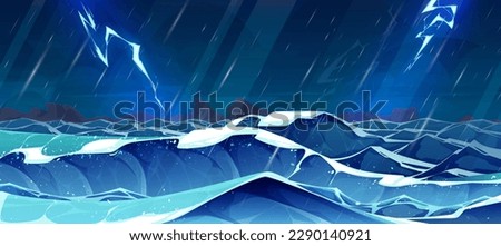 Cartoon stormy seascape with heavy rainfall and lightning strikes. Vector illustration of sea or ocean surface with huge waves, night storm, hurricane wind and thunderstorm. Rocky island on horizon