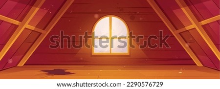 House attic interior with wooden beams, floor and window. Empty old abandoned garret room with large window and broken wood floor, vector cartoon illustration