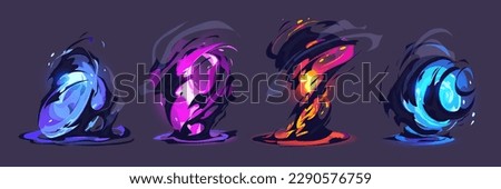 Vfx tornado game cartoon storm effect set isolated. Blue flash twirl with cloud. Magic energy power motion. Magician destructive funnel swirl. Different orange force spell with flame png asset kit.