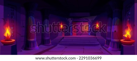 Dark dungeon in abandoned Egyptian palace. Vector cartoon illustration of corridor inside ancient template illuminated by fire, dust and spider web on pillars, mysterious neon hieroglyphs on walls