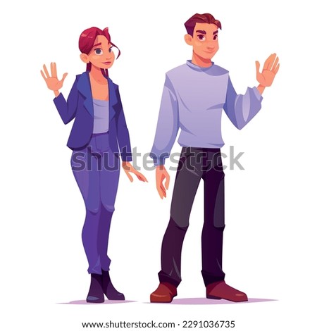 Waving hand welcome people vector illustration. Young man and woman say hello standing cartoon character set. Hi gesture for different adult friend male and female. Isolated stylish human interacting