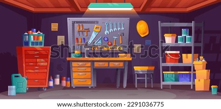 Night workshop interior in garage storage room with tool shelf and lamp spotlight. Wood table in shed or basement with toolbox, board for handsaw and wrench. Engineer equipment in storeroom front view