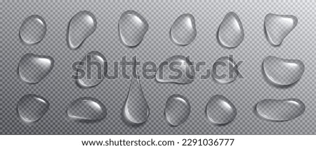 Realistic condensation water tears. Isolated vector droplet on transparent background. 3d clear glass drop texture set. Liquid wet surface png illustration with white reflection design macro view.