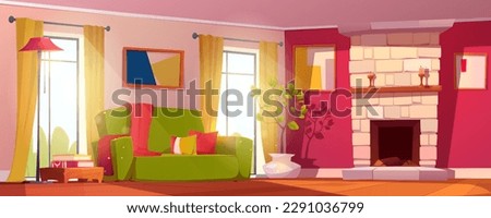 Cartoon living room interior with furniture and fireplace. Vector illustration of cozy light home with large windows, green sofa, floor lamp and books on table, pictures on wall. Modern house design