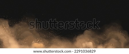 Realistic cloud of brown dust on transparent background. Vector illustration of sand storm in desert, smog mist with dirt particles flying in air, explosion effect. Ash in atmosphere. Hurricane wind