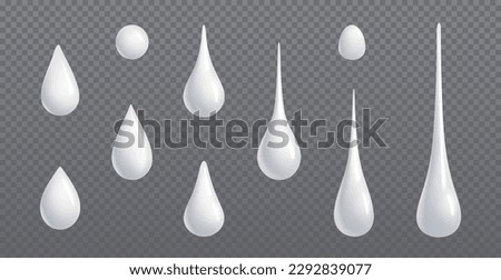 White cream droplet fall realistic 3d vector set. Liquid cosmetic drop of clear coconut oil closeup illustration isolated on transparent background. Glossy yoghurt melt leaking drip collection.