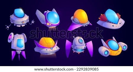 Alien spaceship cartoon game vector icon set. Ufo shuttle cute fantasy illustration. Colorful space ship ui asset collection. Travel transport for cosmos flight. Futuristic scifi galaxy vehicle