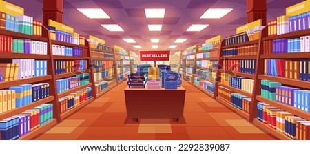 Cartoon bookstore interior with many books on shelves, table with bestsellers in aisle. Modern library design with literature on bookshelves and lamps on ceiling. Reading hobby. Publishing business