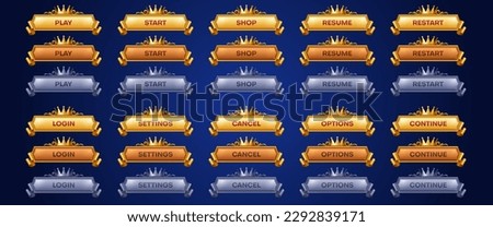 Royal game buttons animation set. Vector cartoon illustration of golden, silver frames decorated with crown. Play, start, shop, resume, restart, login, settings, cancel, option, continue sprite sheet