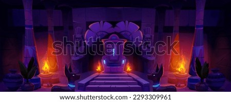 Ancient Egyptian palace or temple with throne, god and pharaoh statues, plants, vases and columns. Old Egypt pyramid interior at night, vector cartoon illustration