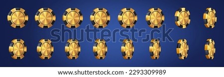 3d golden casino club poker chip rotation vector. Realistic isolated gold and black metal luxury blackjack symbol animation with sequence rotating element set. Fortune and risk online leisure
