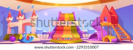 Cartoon kids zone for active leisure and fun. Vector illustration of playground room in shopping mall, school, kindergarten with trampoline, dry pool, slide, rocking horse and toys. Childrens activity