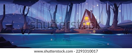 Night forest with lake, house and fireflies. Fantasy summer landscape of dark woods with swamp or pond, trees, grass and village cottage, vector cartoon illustration